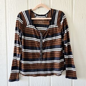 We The Free People Striped Button Front Long Sleeve Tee Brown White Black Medium